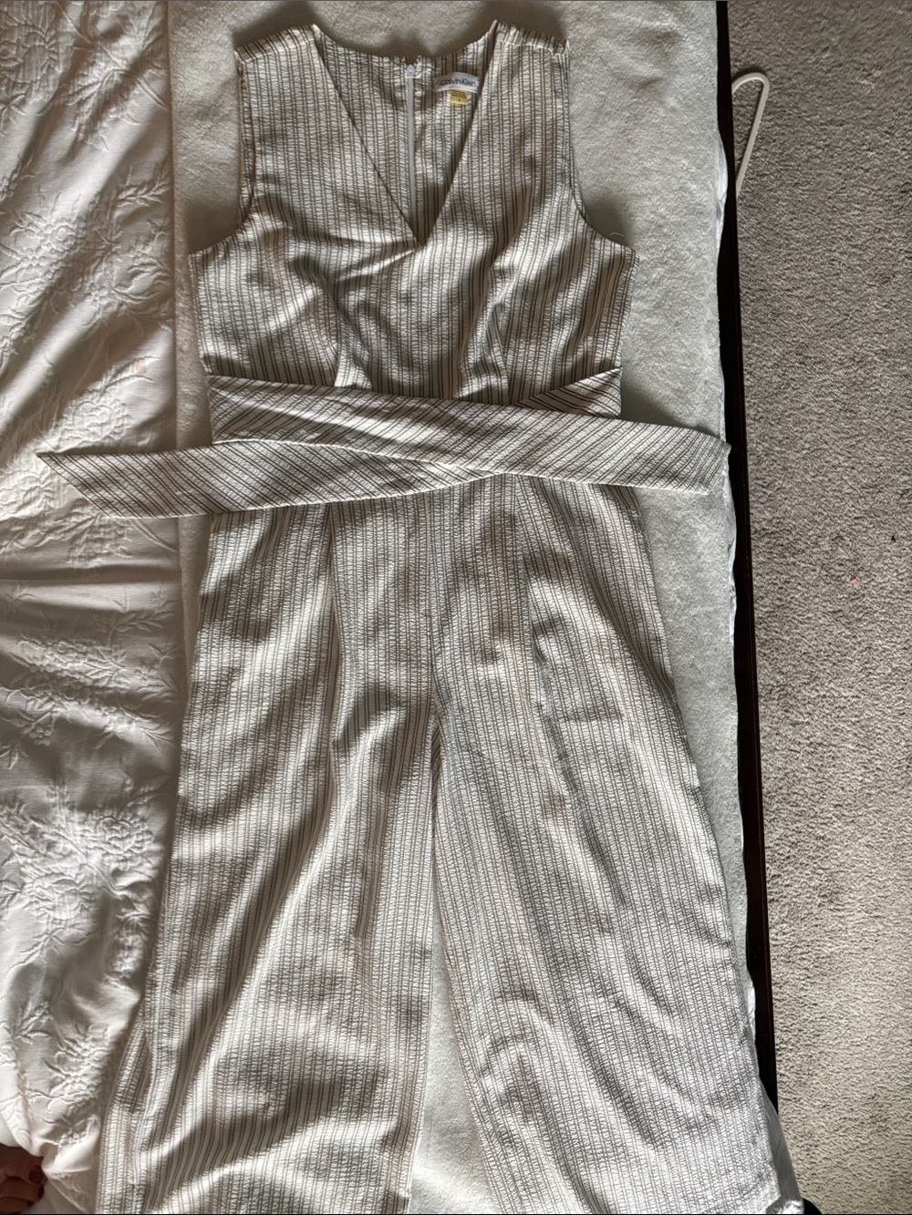 Calvin Klein Ivory Metallic-Striped One-Shoulder Jumpsuit with Waist Tie